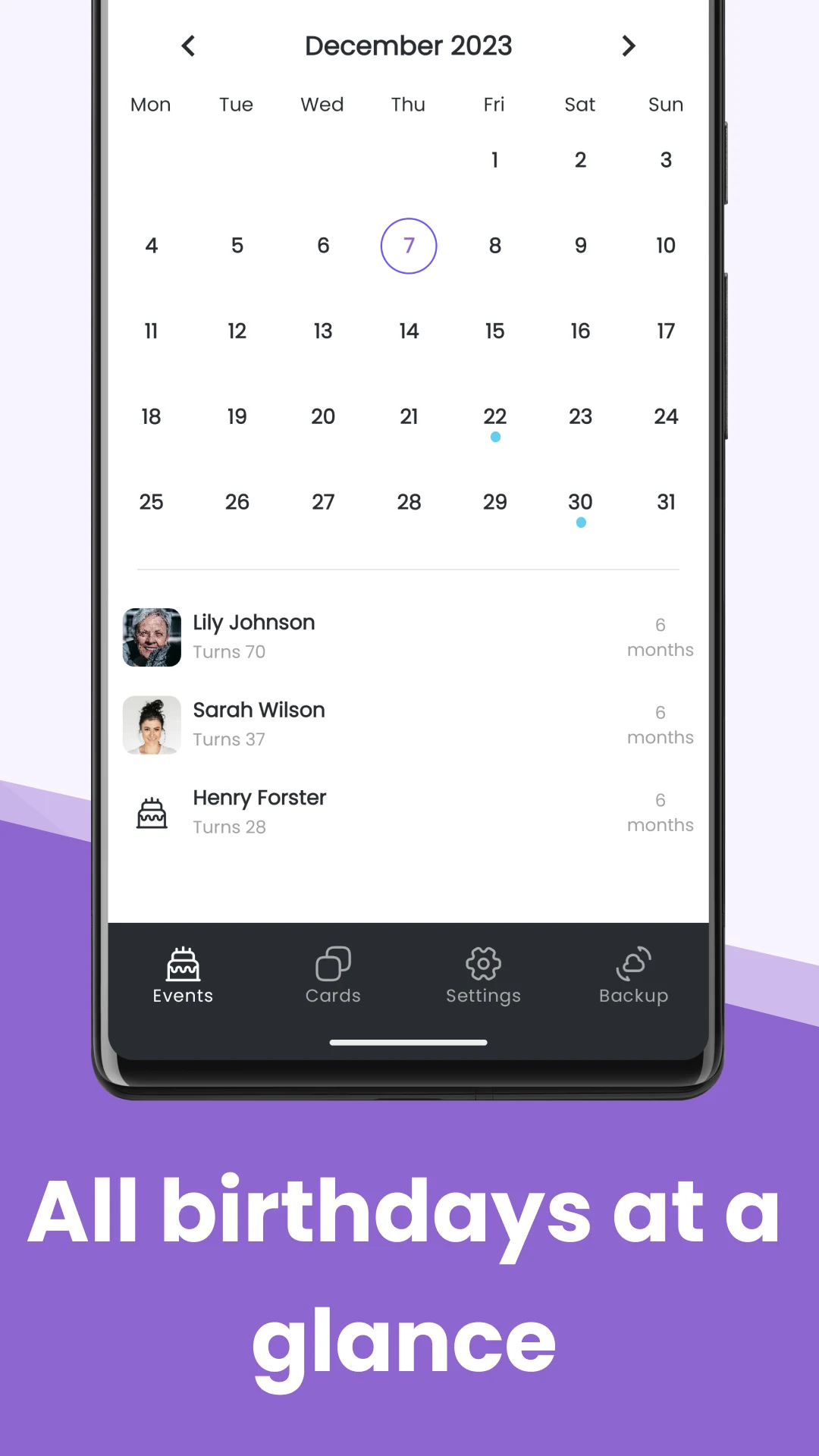 Birthday Calendar & Events screenshot